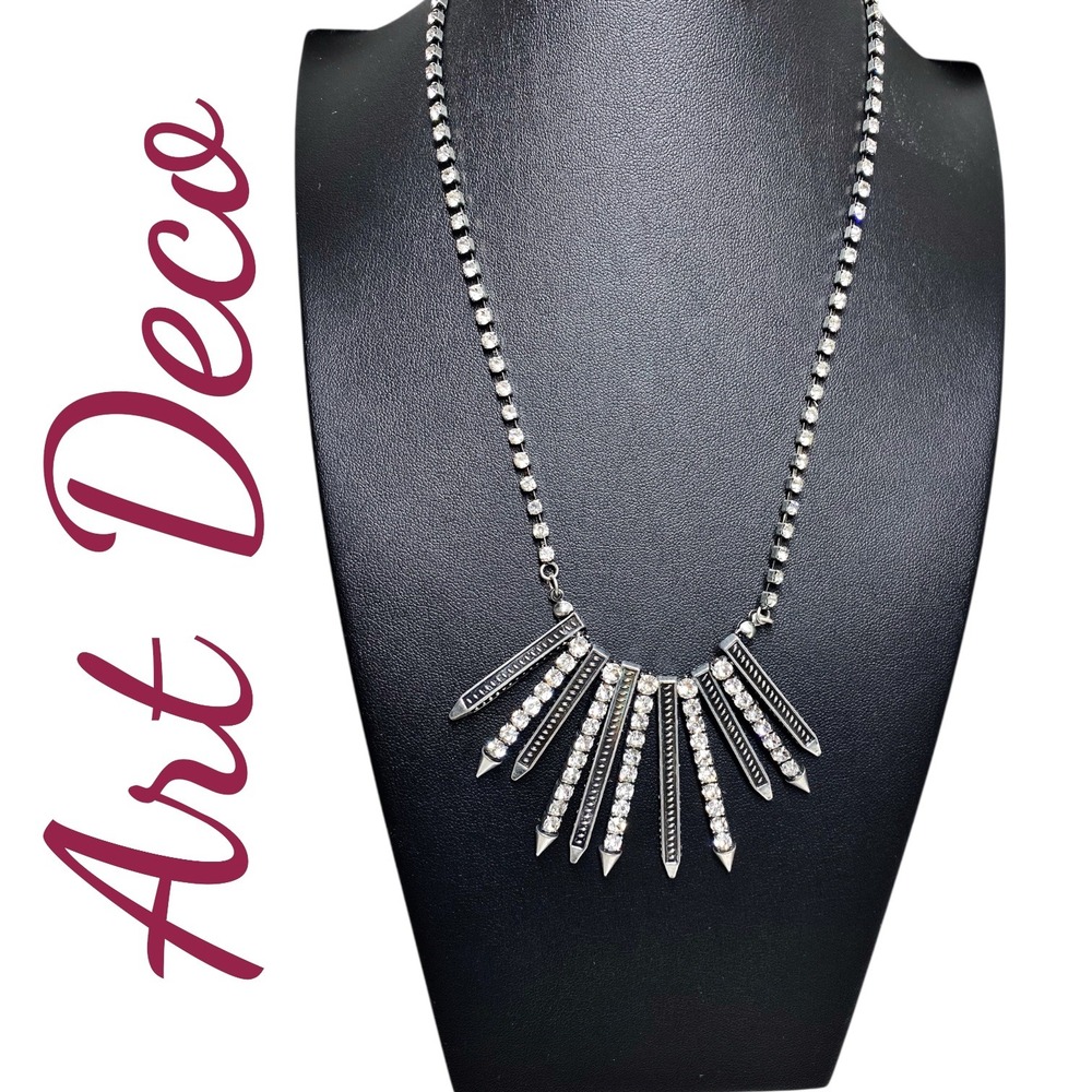 Art Deco Silver Rhinestone‎ Spike Statement Necklace Fringe Vintage Style